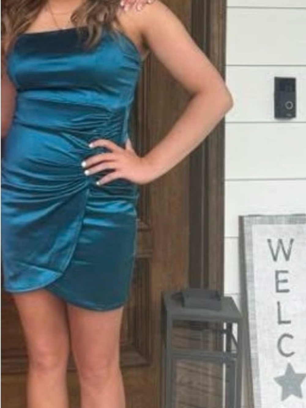 Honey and Rosie Teal Satin Ruched Mini Dress